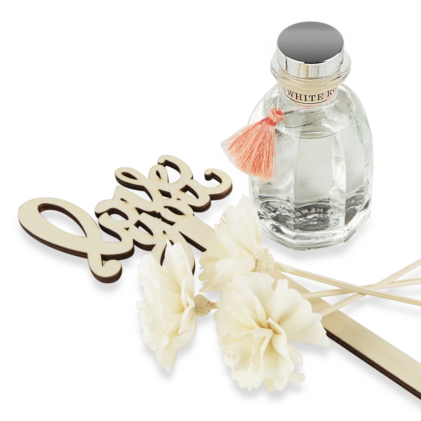 "LOVE YOU" White Sola Flower Diffuser, Elegant Glass Base & Floral Sticks