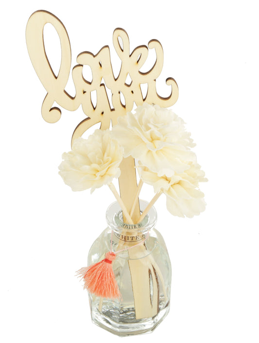 "LOVE YOU" White Sola Flower Diffuser, Elegant Glass Base & Floral Sticks